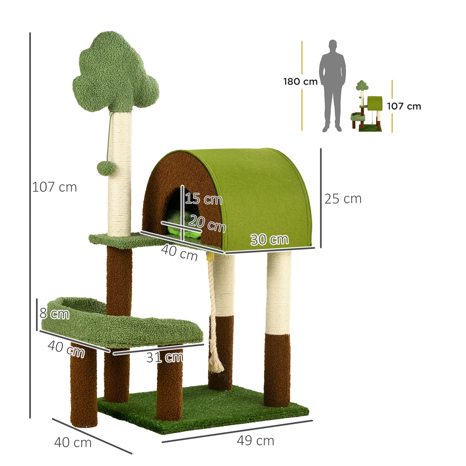 Pawhut Árbol Rascador Para Gatos Mediano Con Poste De Sisal 49x40x107 Cm Verde_2