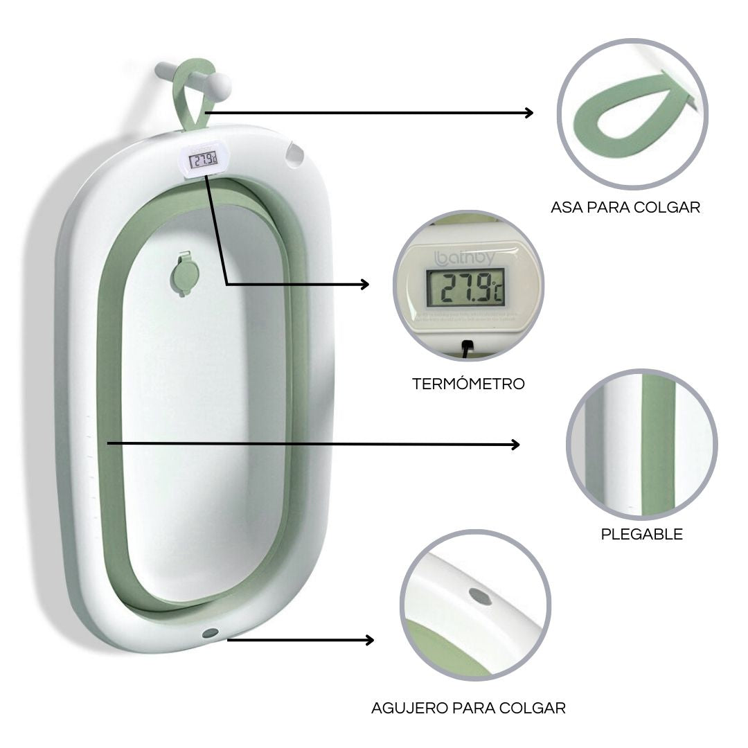 Bathby Bañera Plegable Verde Para Bebés, Cojín Reductor, Termómetro, Patas Antideslizantes (verde Pastel)_4
