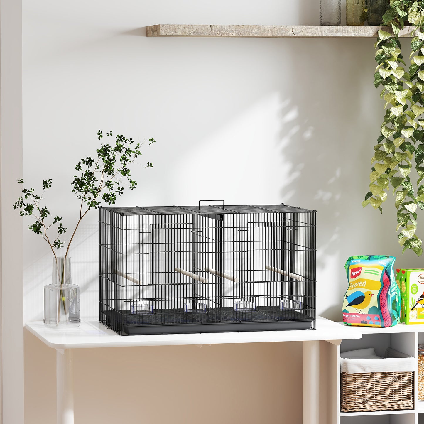 Pawhut Jaula Para Pájaros Con Divisor 4 Comederos 4 Perchas 76x46x46 Cm Negro_1