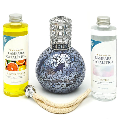 Pack Lámpara Catalítica Mosaico Azul Océano + Fragancia Winter Citrus 200ml + Limpiador Neutro 200ml + Mecha De Repuesto_0