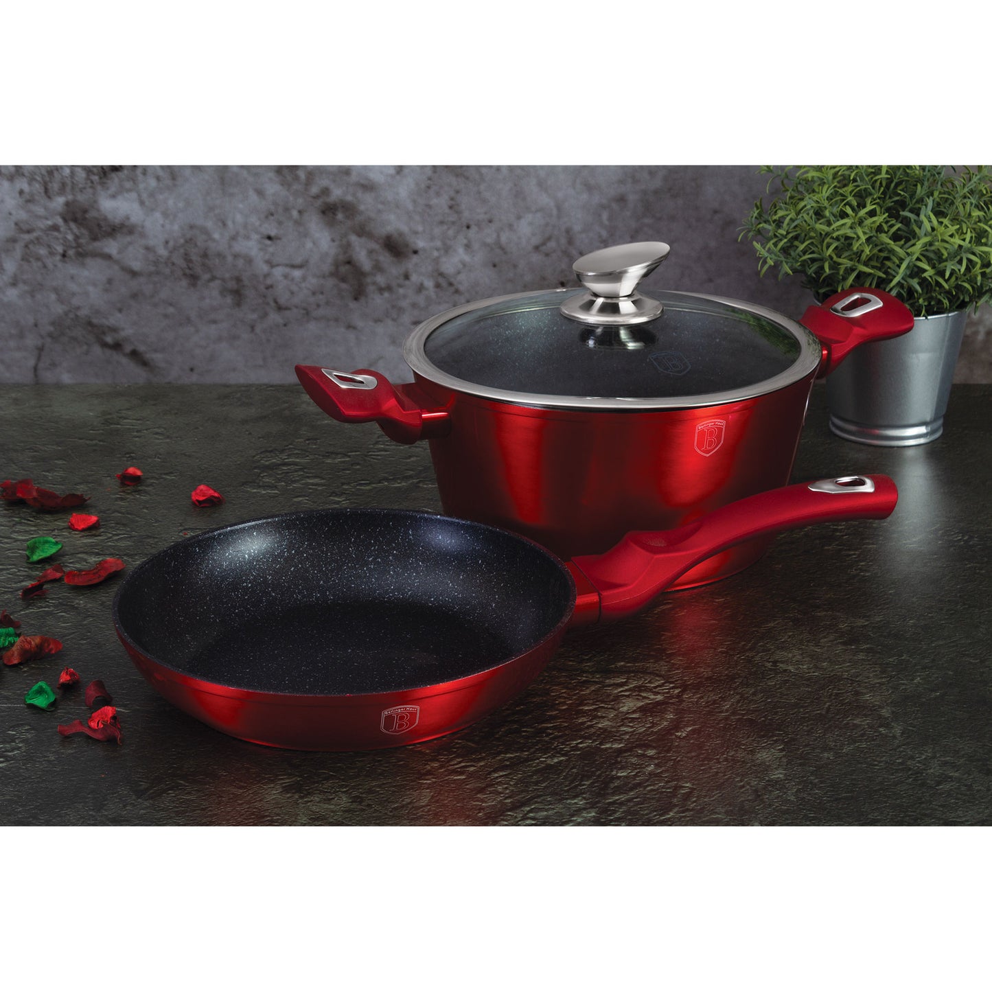 Batería De Cocina Aluminio Forjado Antiadherente Sin Pfoa, Set 2 Cacerolas, 1 Sartén, Tapas Berlinger Haus Burgundy Rojo