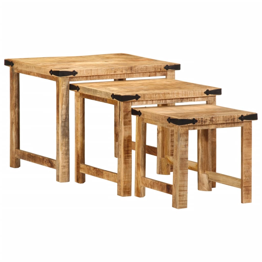 Mesas Apilables 3 Piezas Madera Maciza De Mango Rugosa_0
