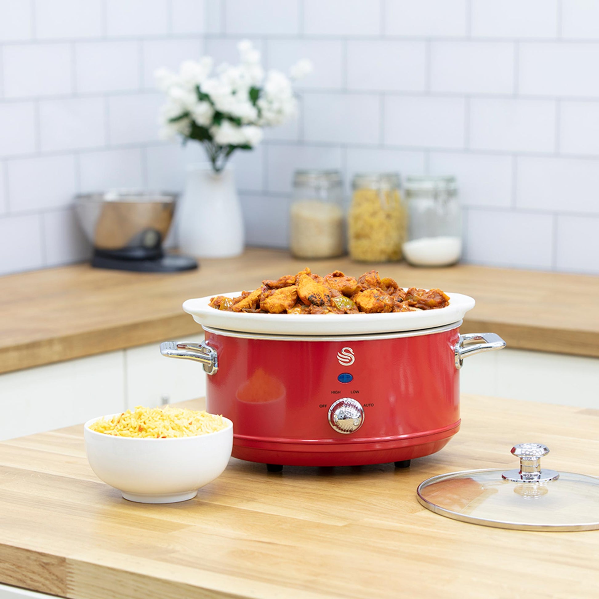 Swan Retro Olla Cocción Lenta, 3,5l, Recipiente Extraíble Antiadherente Cerámica Libre Pfoa, Vintage, Sf17021rneu, Rojo_2