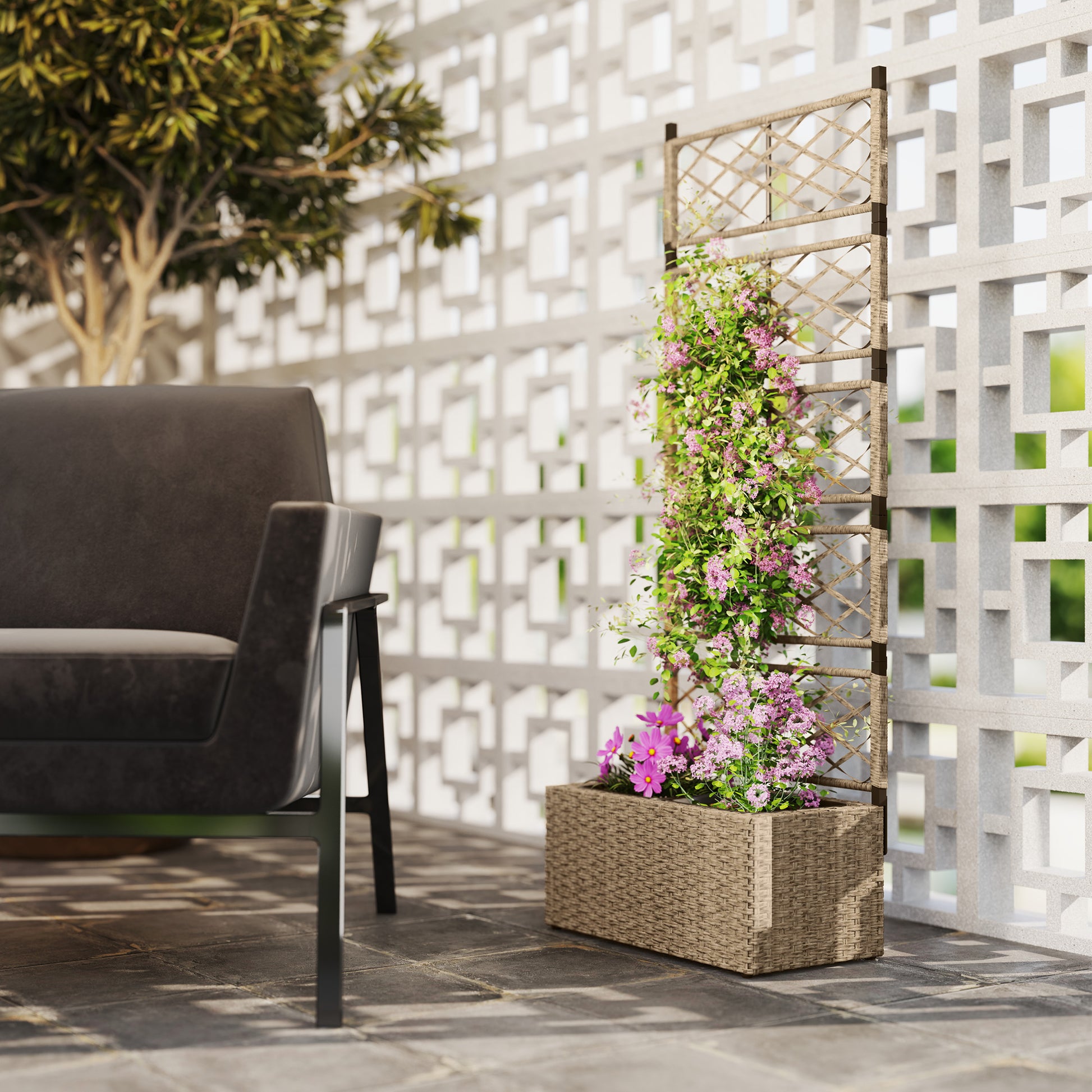 Outsunny Jardinera Exterior Grande De Ratán Con Enrejado 2 Macetas 57x30x150 Cm_1
