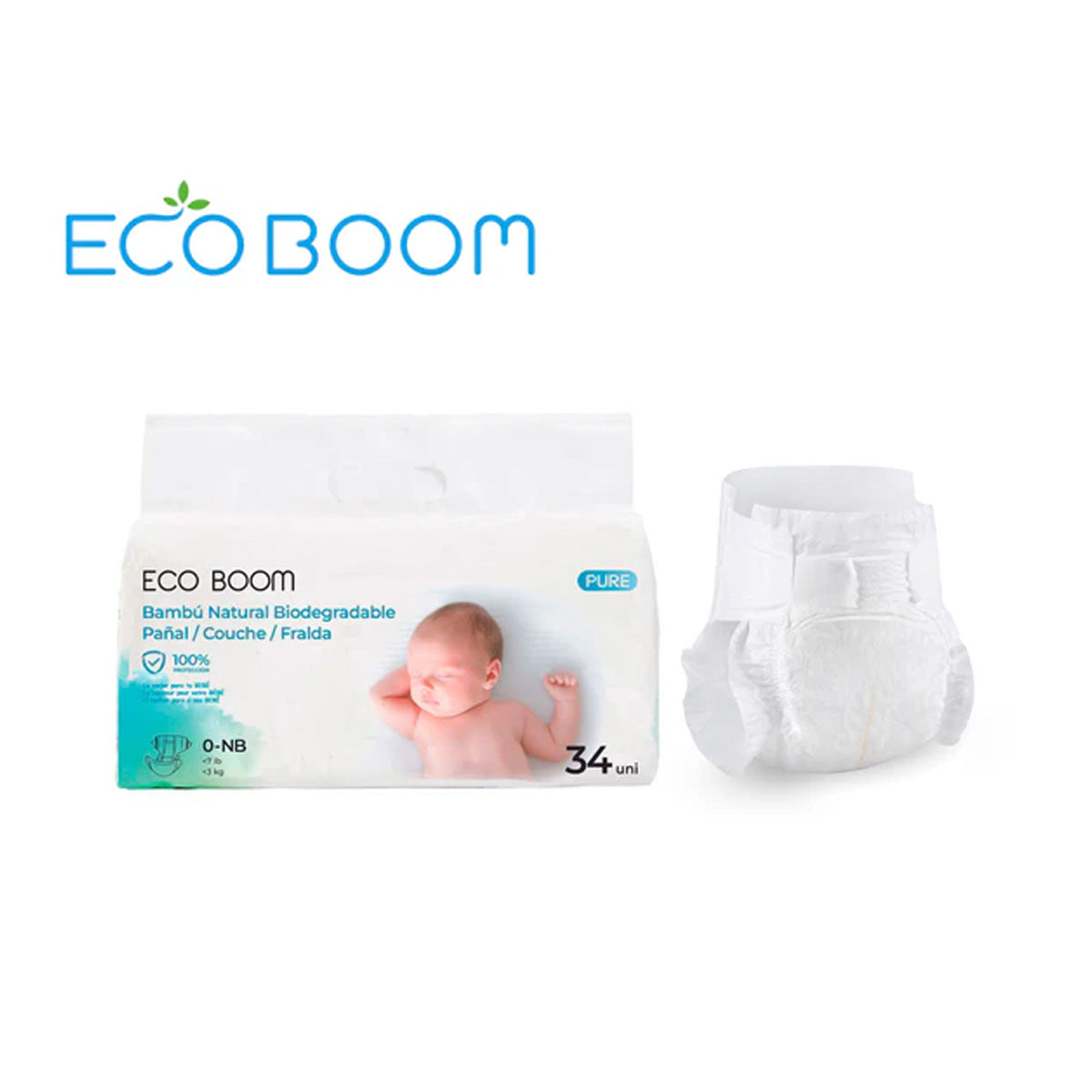 Pañal de Bambú Pure Premium ECO BOOM T0 (0 a 3 Kg) 34 uds