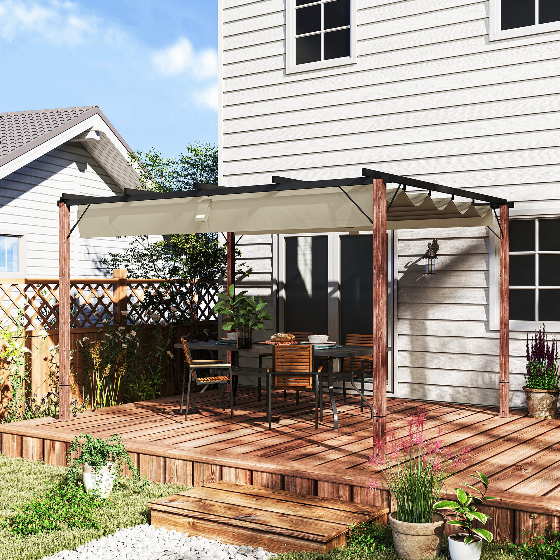 Outsunny Pérgola Con Techo Retráctil 4x3 M Resistente Al Agua Natural Y Café_1