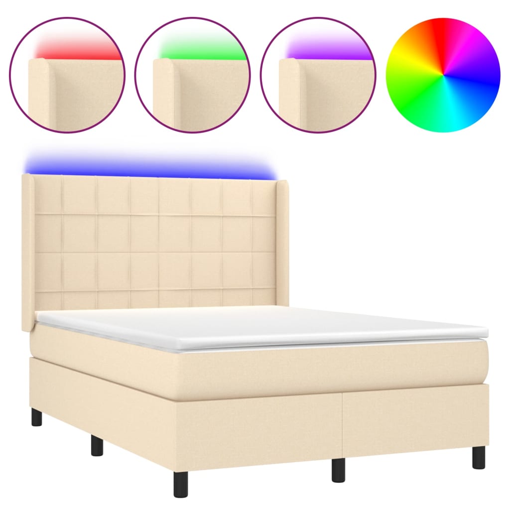 Cama Box Spring Colchón Y Luces Led Tela Crema 140x200 Cm / Vetonek_5