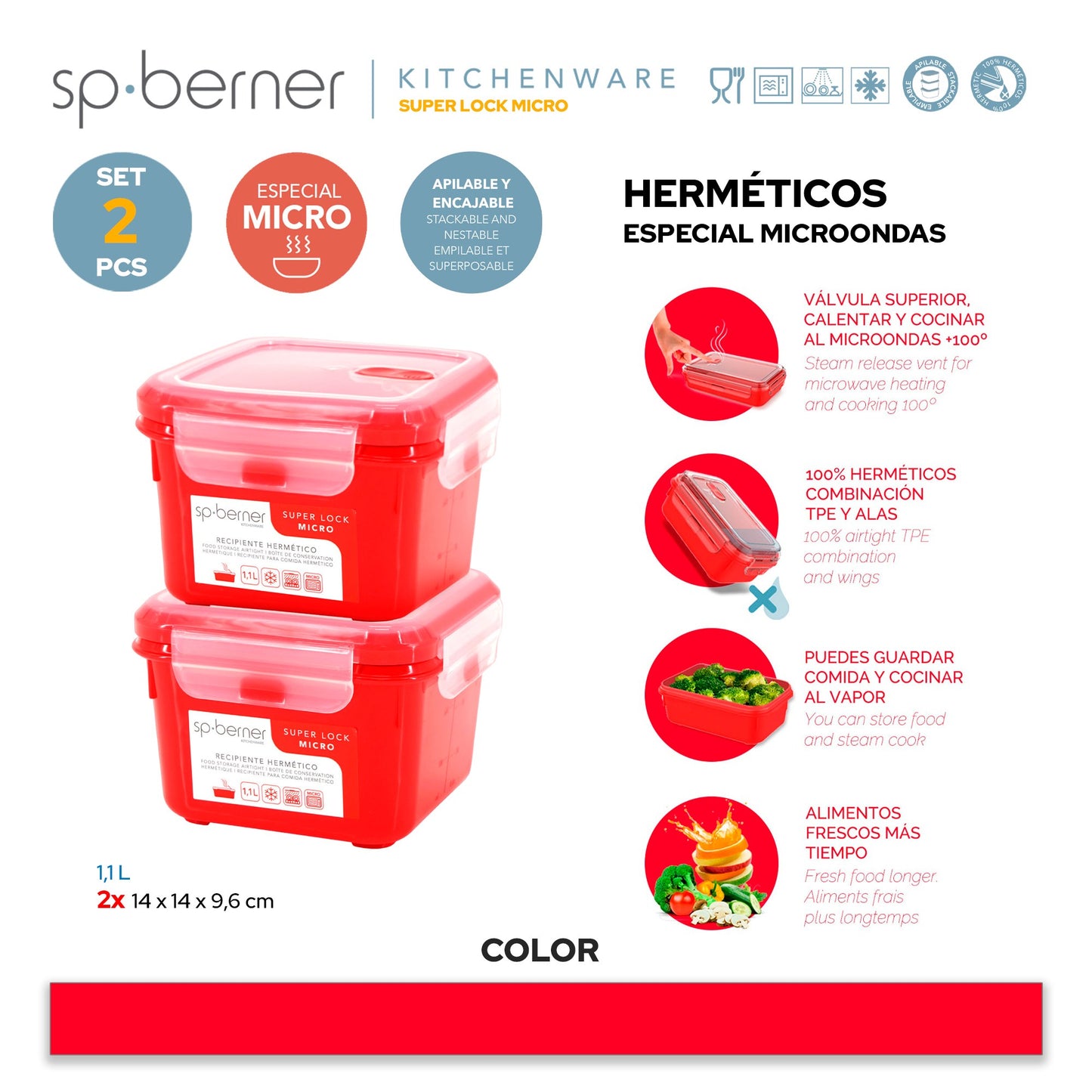 2x Herméticos Super Lock Micro 1,1 L., Cuadrados, Aptos Para Cocinar Al Vapor En El Microondas, Ideal Transporte Y Almacenamiento De Alimentos, Cierr