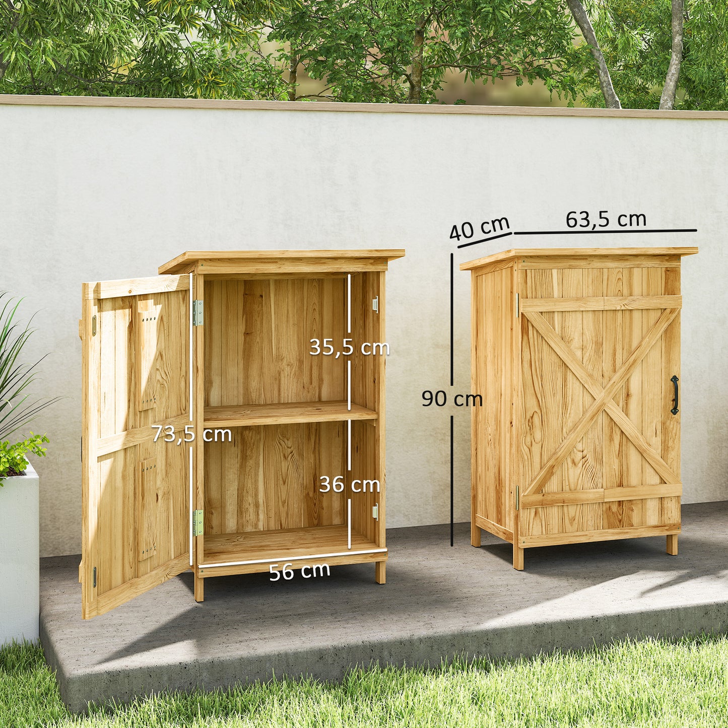 Outsunny Caseta De Jardín De Madera 63,5x40x90 Cm Con 2 Estantes Puerta Natural_2