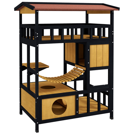 Pawhut Caseta Para Gatos De Madera 84x60x116 Cm Con Puente Colgante Natural_0