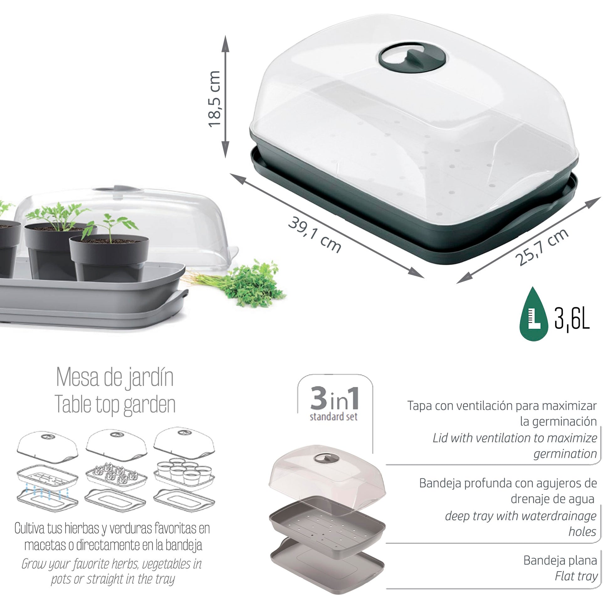 Semillero/bandeja Multiusos Respana Table Greenhouse 3,6l., Dimensiones (mm) 391x257x185, Color Antracita