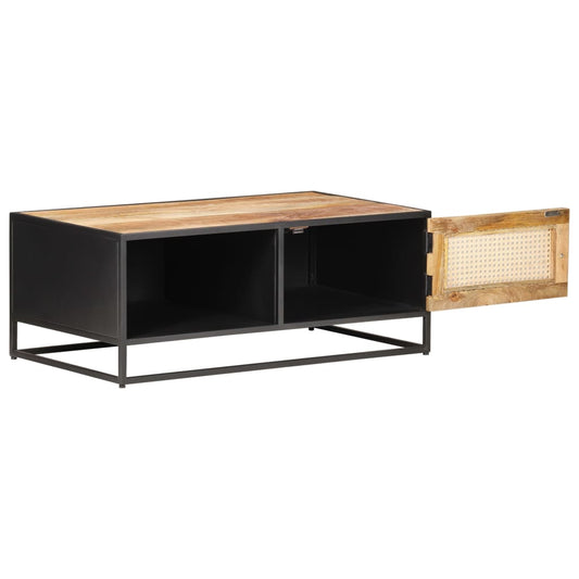 Mesa De Centro Madera De Mango Rugosa Y Caña Natural 90x50x35cm_0