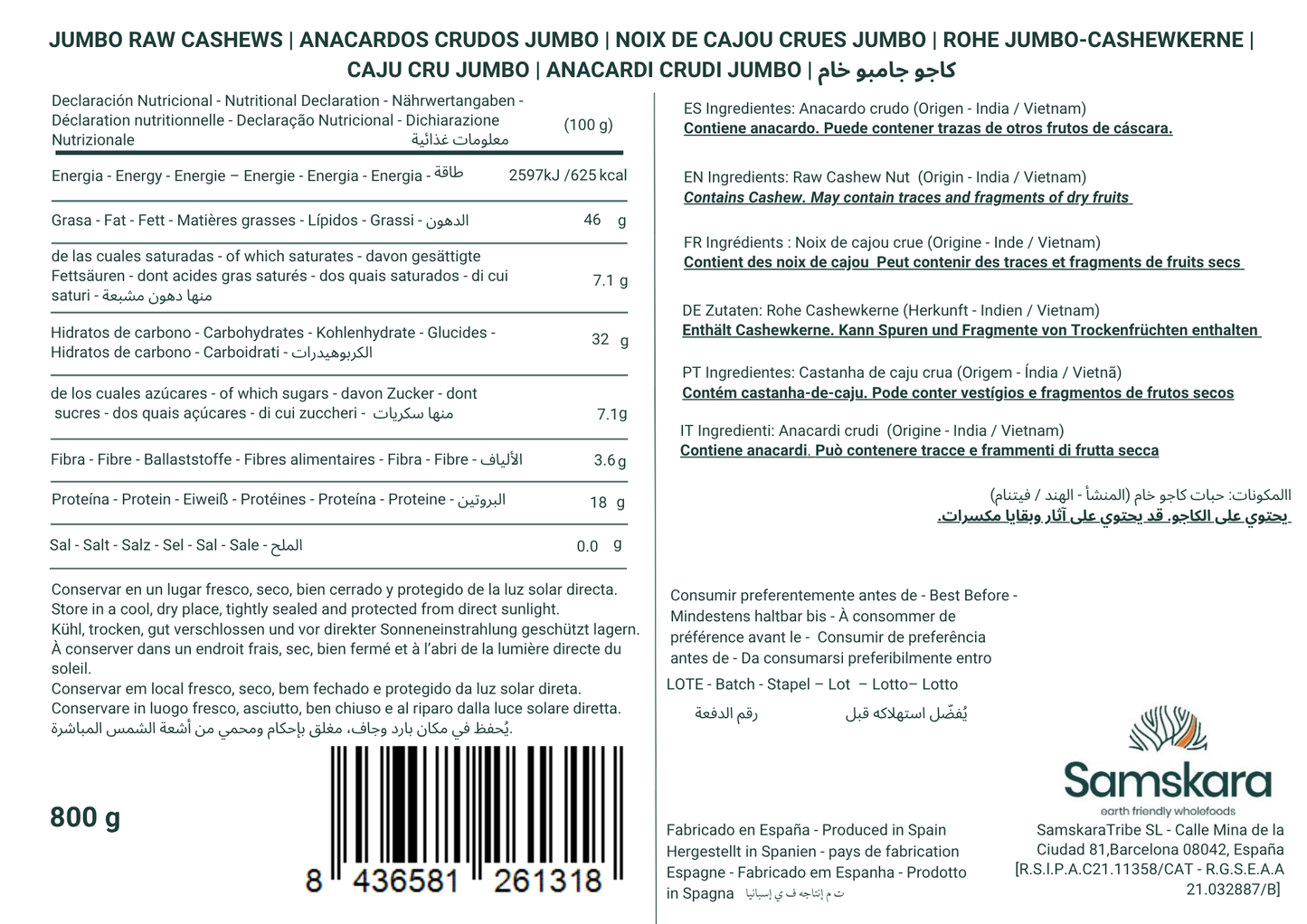 Anacardos Crudos Jumbo Premium - Envasados Al Vacío - 800 G | Fruto Seco Ecológico Premium, Snack Vegano Natural_1