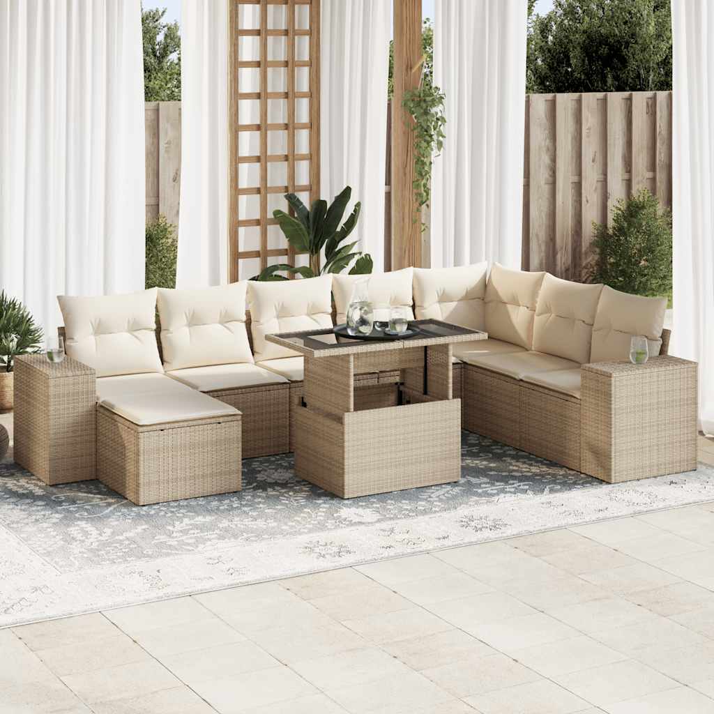 Set De Sofás De Jardín Con Cojines 9 Pzas Ratán Sintético Beige / Vetonek_3