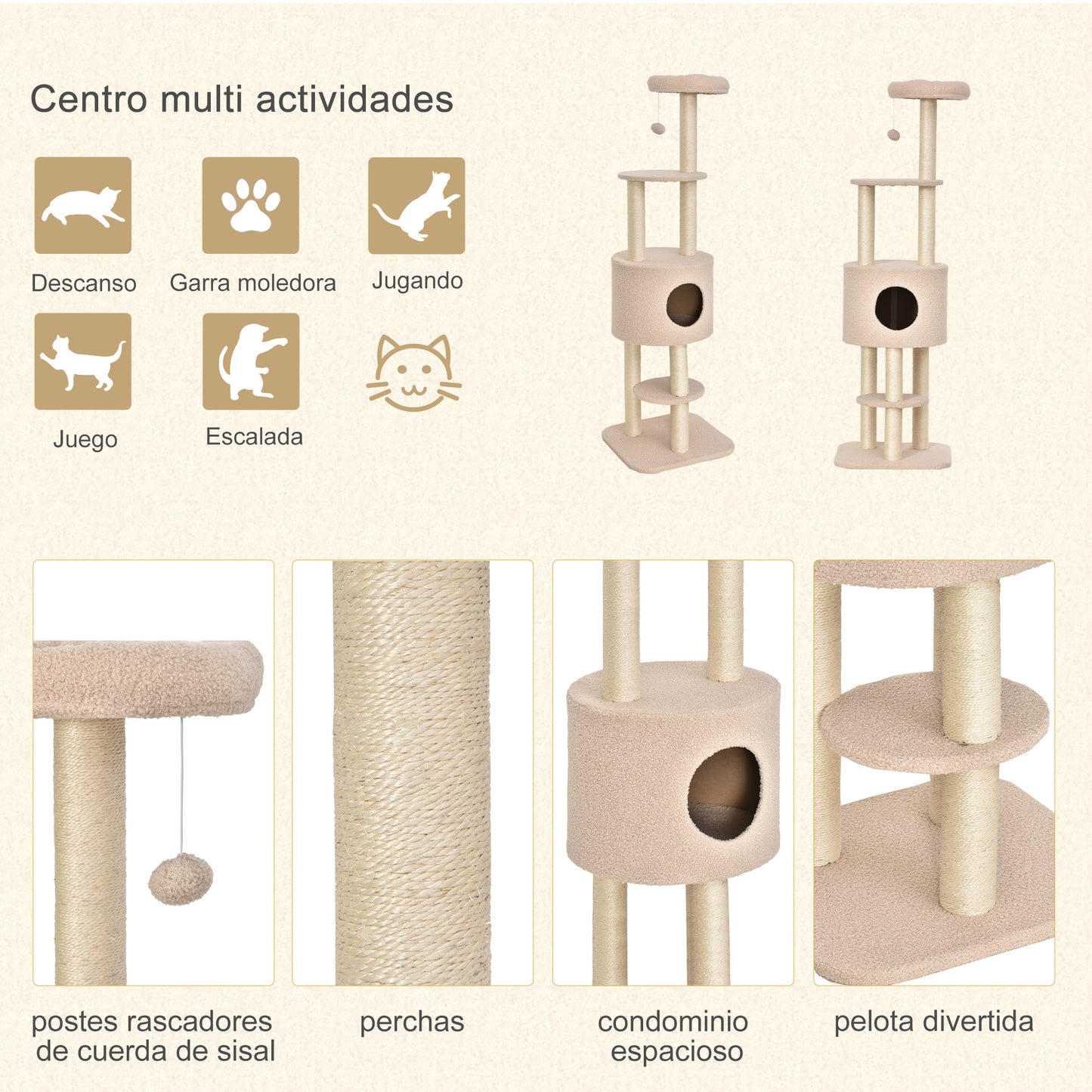 Pawhut Árbol Para Gatos Altura 148 Cm Con Postes De Sisal Y 3 Plataformas Beige_4