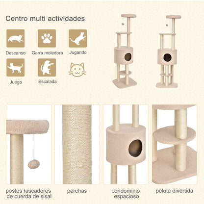 Pawhut Árbol Para Gatos Altura 148 Cm Con Postes De Sisal Y 3 Plataformas Beige_4