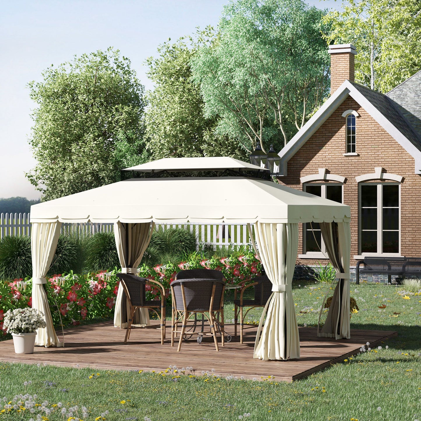 Outsunny Cenador De Jardín 4x3 M Con Doble Techo 4 Cortinas 4 Mosquiteras Crema_1