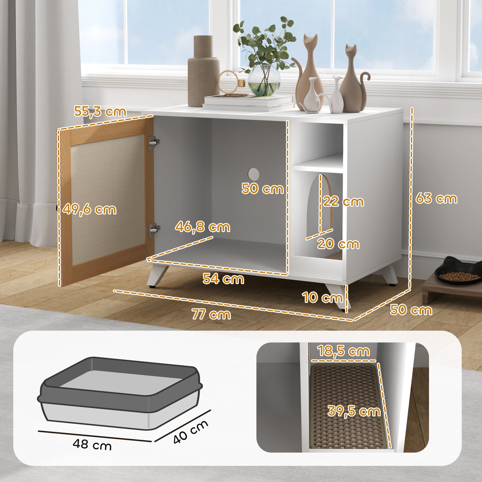 Pawhut Mueble Arenero Para Gatos Con Puerta Con Almohadilla Para Rascar Blanco_2