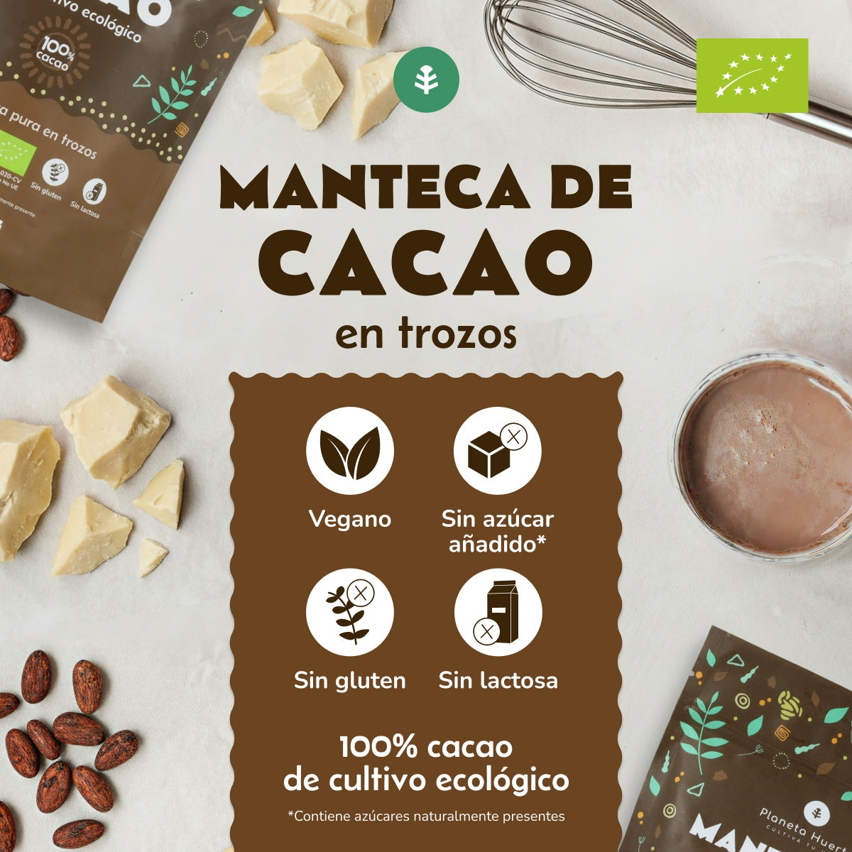 Manteca de cacao pura en trozos ECO Planeta Huerto 250 g
