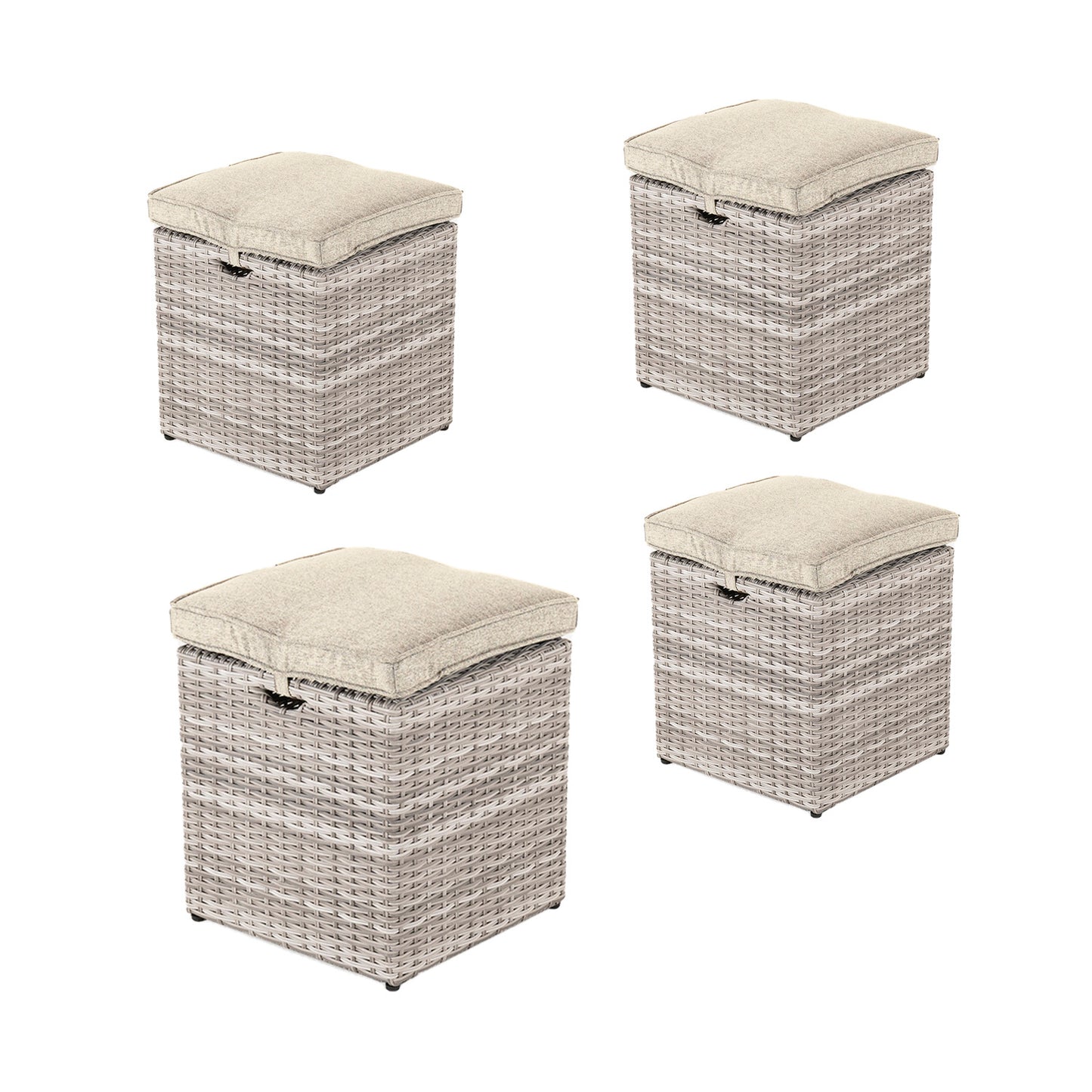 Pack 4 Puffs Para Exterior, Estilo Moderno, Aluminio Y Ratán Sintético Plano, Color Gris Claro, Puff:40x40x49_0