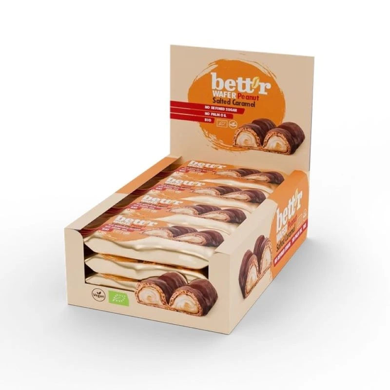 Caja De Barquillos De Chocolate Relleno De Caramelo Salado De Cacahuete Bett’r 33g Bio_0