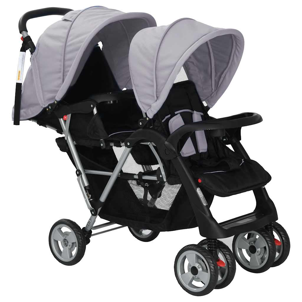 Vidaxl Carrito Para 2 Niños Tandem De Acero Gris Y Negro_1
