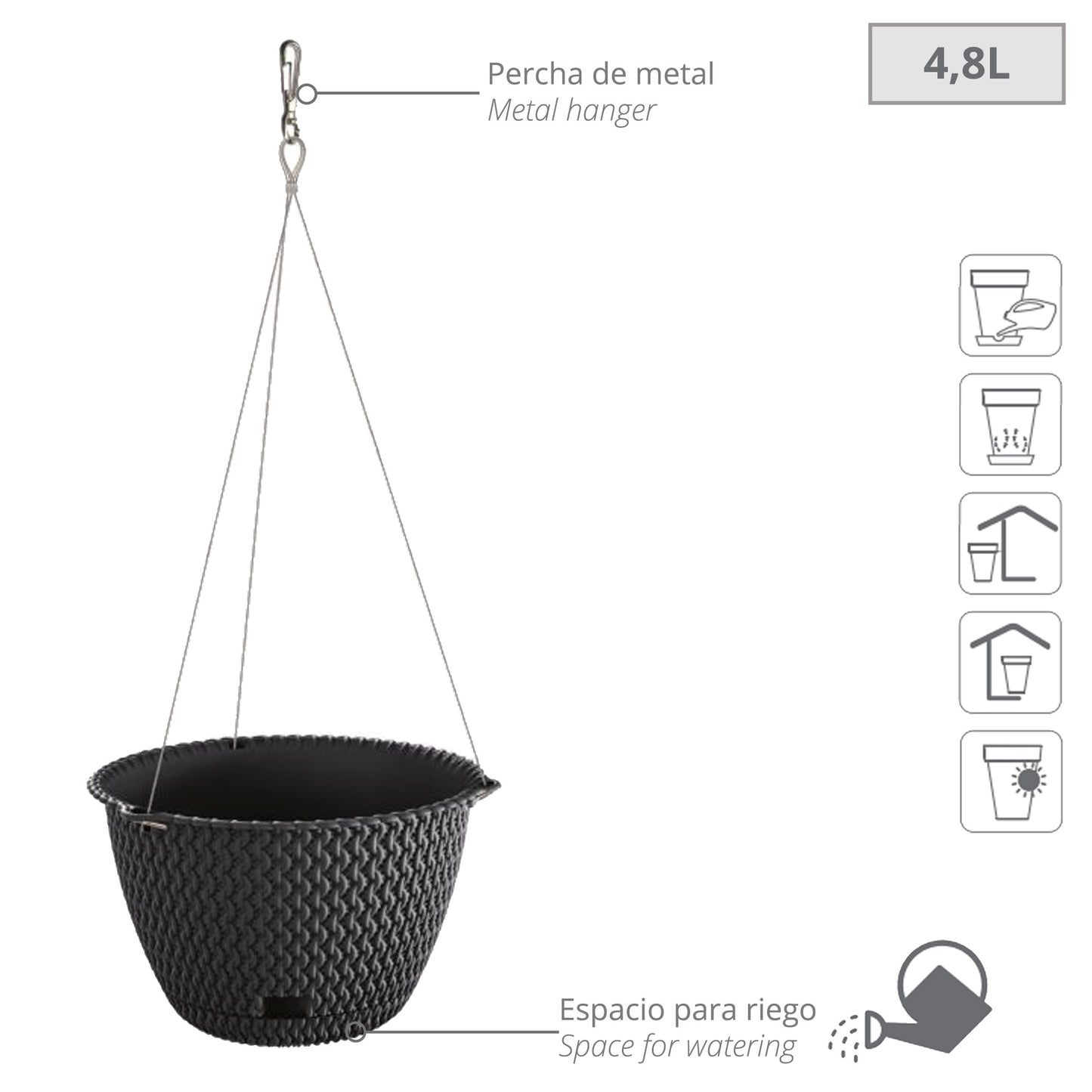 Maceta Redonda Colgante 4,8l Prosperplast Splofy Round Ws De Plastico En Color Antracita, Ø27 X 16,6 Cm_1