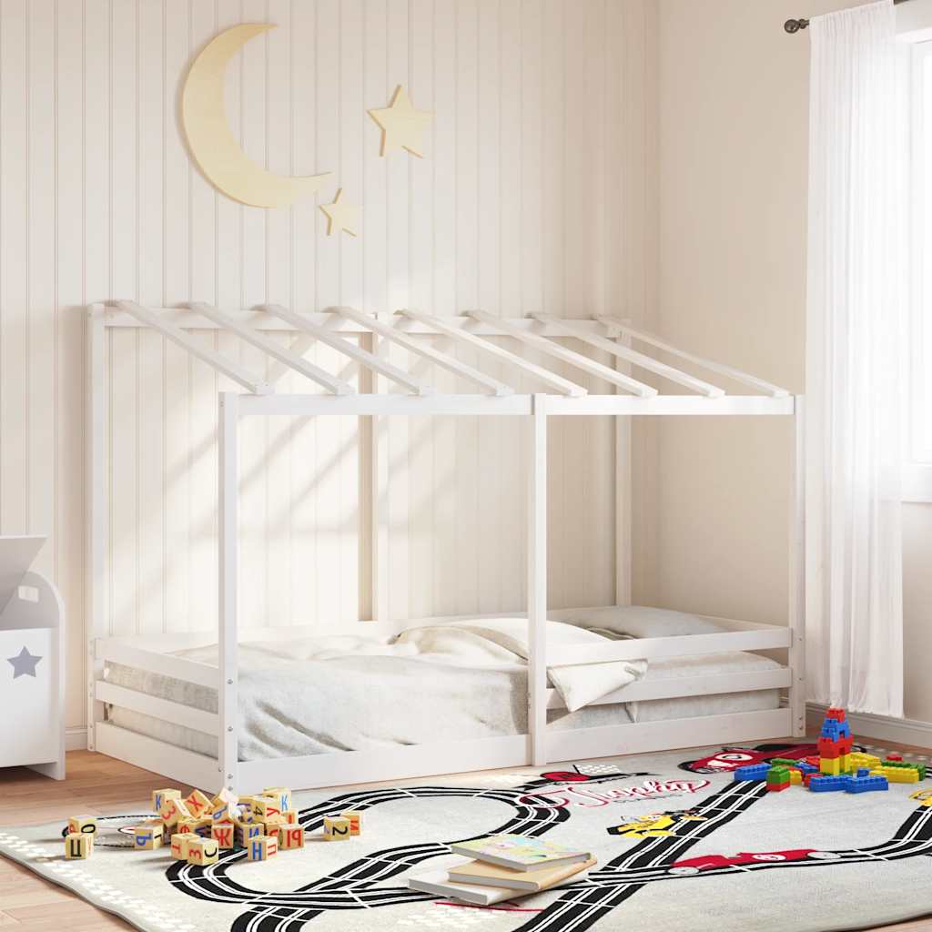 Cama Infantil Con Techo Madera Maciza Pino Blanca 90x200 Cm_1