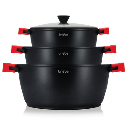 Briebe Batería Cocina Inducción Antiadherente Titanio, 6 Piezas Aluminio Fundido 3 Ollas Sin Pfoa Tapa, Blackt3, Negro_0