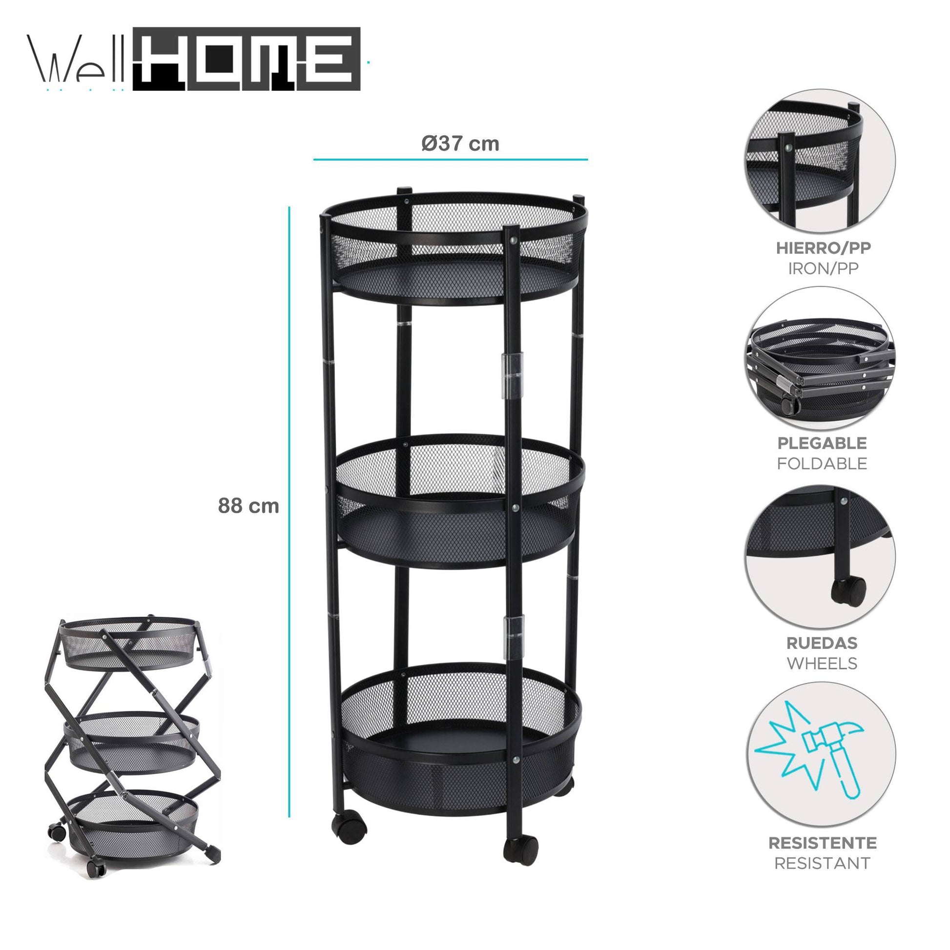 Carro De Cocina Plegable Con Ruedas Ø37x88cm - Well Home_1