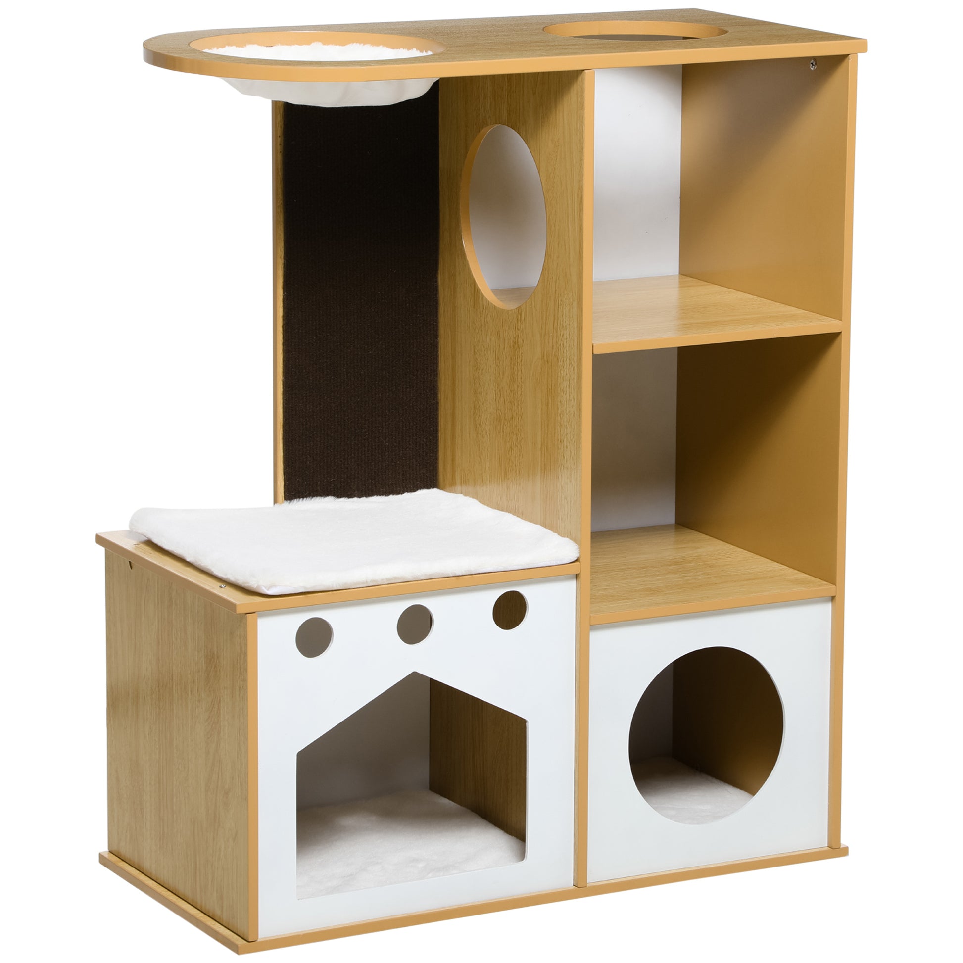 Pawhut Árbol Rascador Para Gatos De Madera 92,5 Cm Con 2 Cuevas Hamaca Y Cojines_0