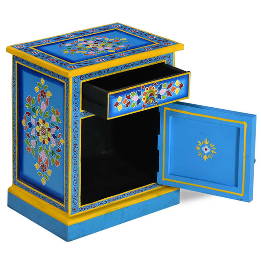 Mesita De Noche Madera Maciza De Mango Turquesa Pintada A Mano_0