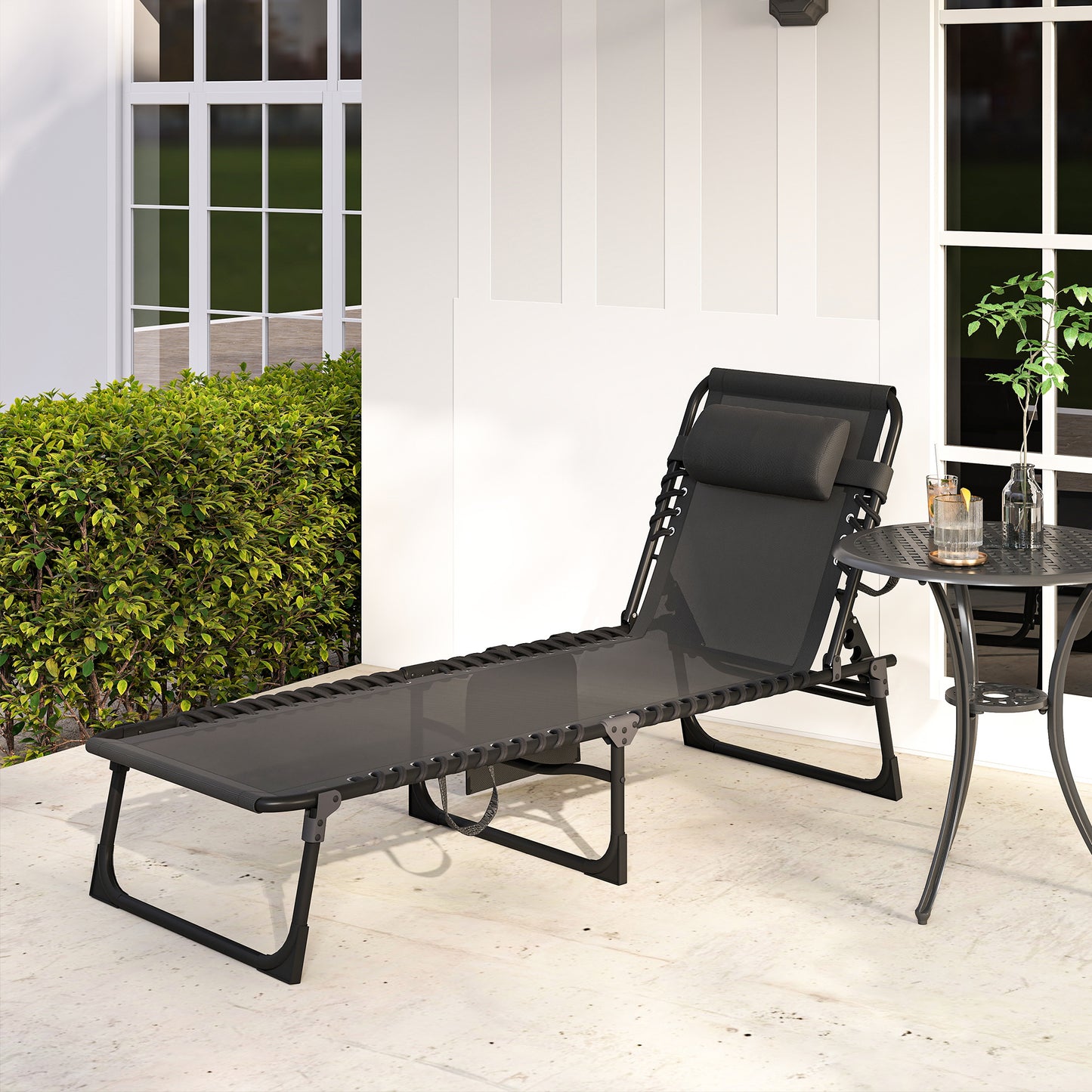Outsunny Tumbona Plegable Respaldo Ajustable Y Reposacabezas 189x58x30 Cm Negro_3