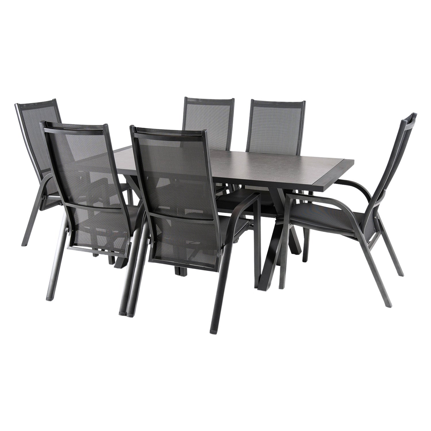 Conjunto Mesa Y Sillas De Exterior, Aluminio Reforzado Color Antracita, Mesa 180 Cm + 6 Sillones Reclinables, Patas En Forma De X_0