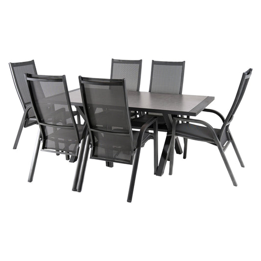 Conjunto Mesa Y Sillas De Exterior, Aluminio Reforzado Color Antracita, Mesa 180 Cm + 6 Sillones Reclinables, Patas En Forma De X_0