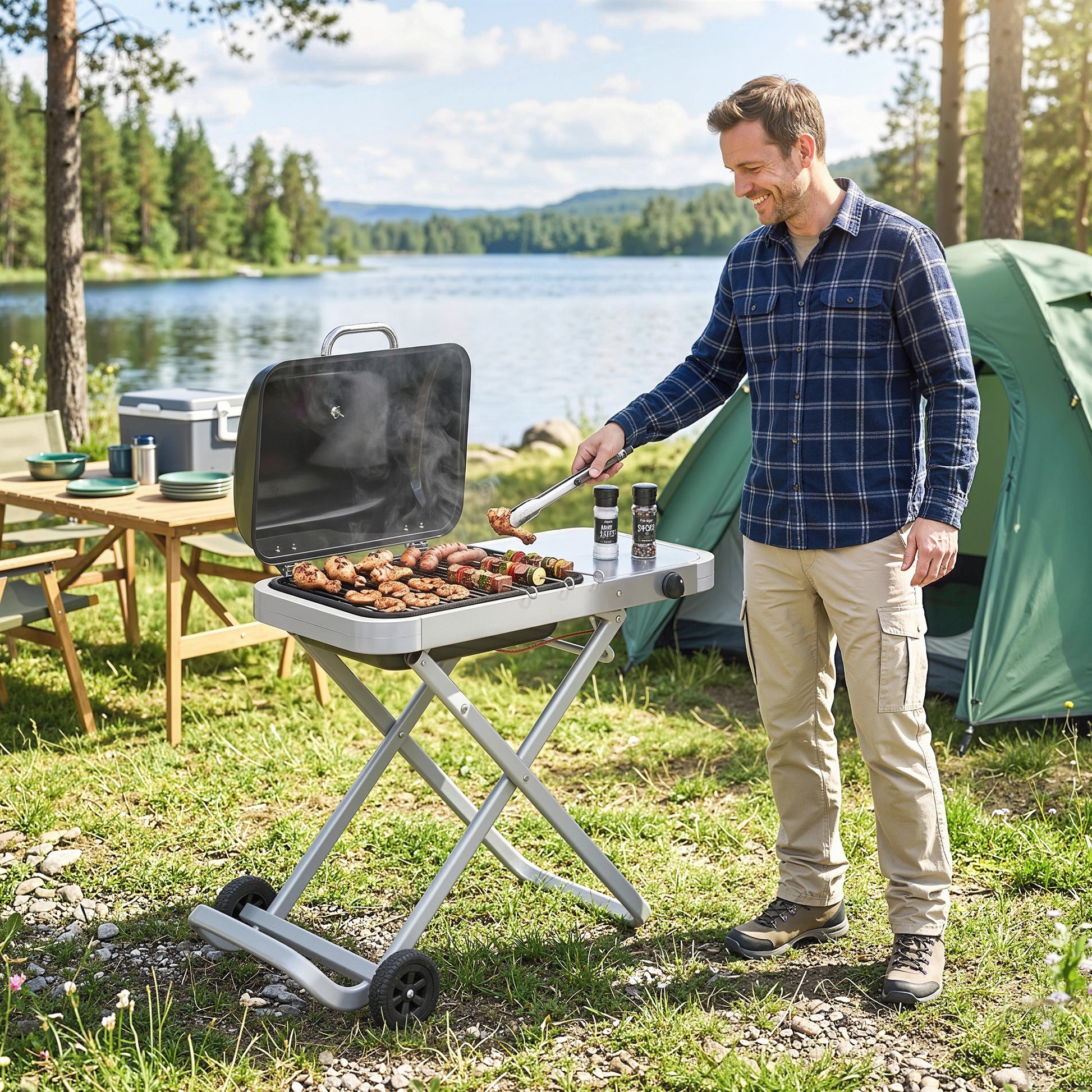 Outsunny Barbacoa De Gas Plegable Con Quemador 2,5 Kw Con Ruedas Mesa Lateral_3
