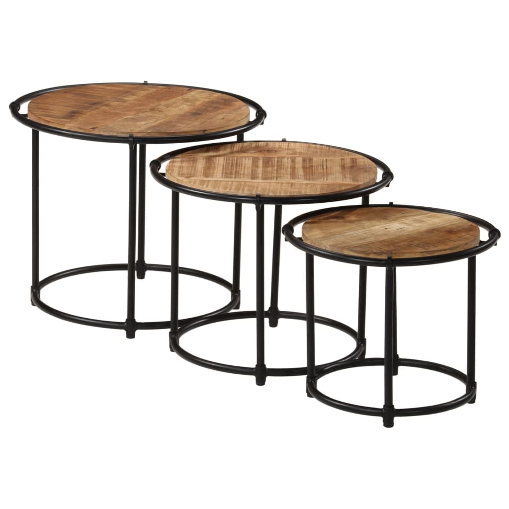 Mesas Apilables 3 Piezas Madera Maciza De Mango Rugosa_2
