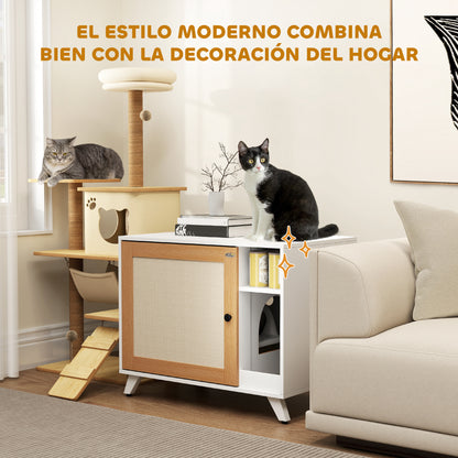 Pawhut Mueble Arenero Para Gatos Con Puerta Con Almohadilla Para Rascar Blanco_5