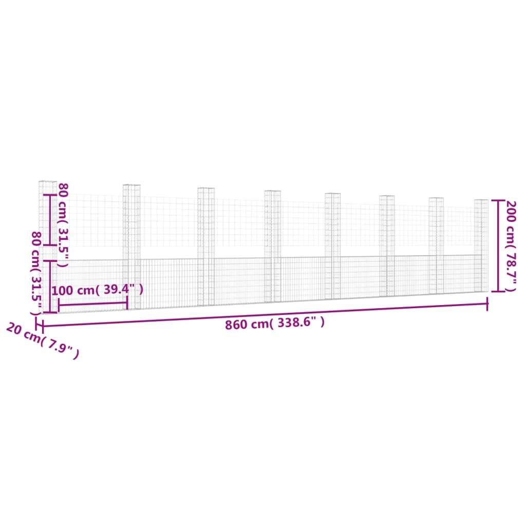 Cesta De Gaviones Forma De U 8 Postes De Hierro 860x20x200 Cm / Vetonek_4