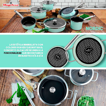 Batería Cocina Inducción 6 Piezas, Antiadherente Libre Pfoa Exterior Verde Menta Retro Vintage Magefesa Nordic, Verde_4