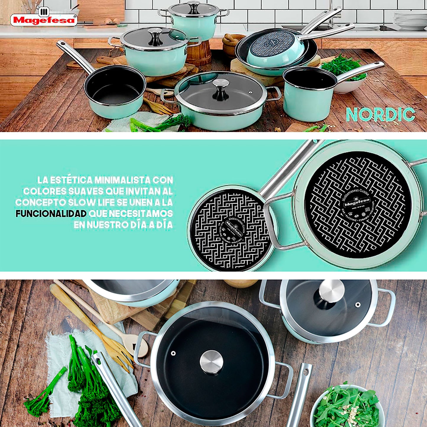 Batería Cocina Inducción 9 Piezas, Antiadherente Libre Pfoa Exterior Verde Menta Retro Vintage Magefesa Nordic, Verde_4