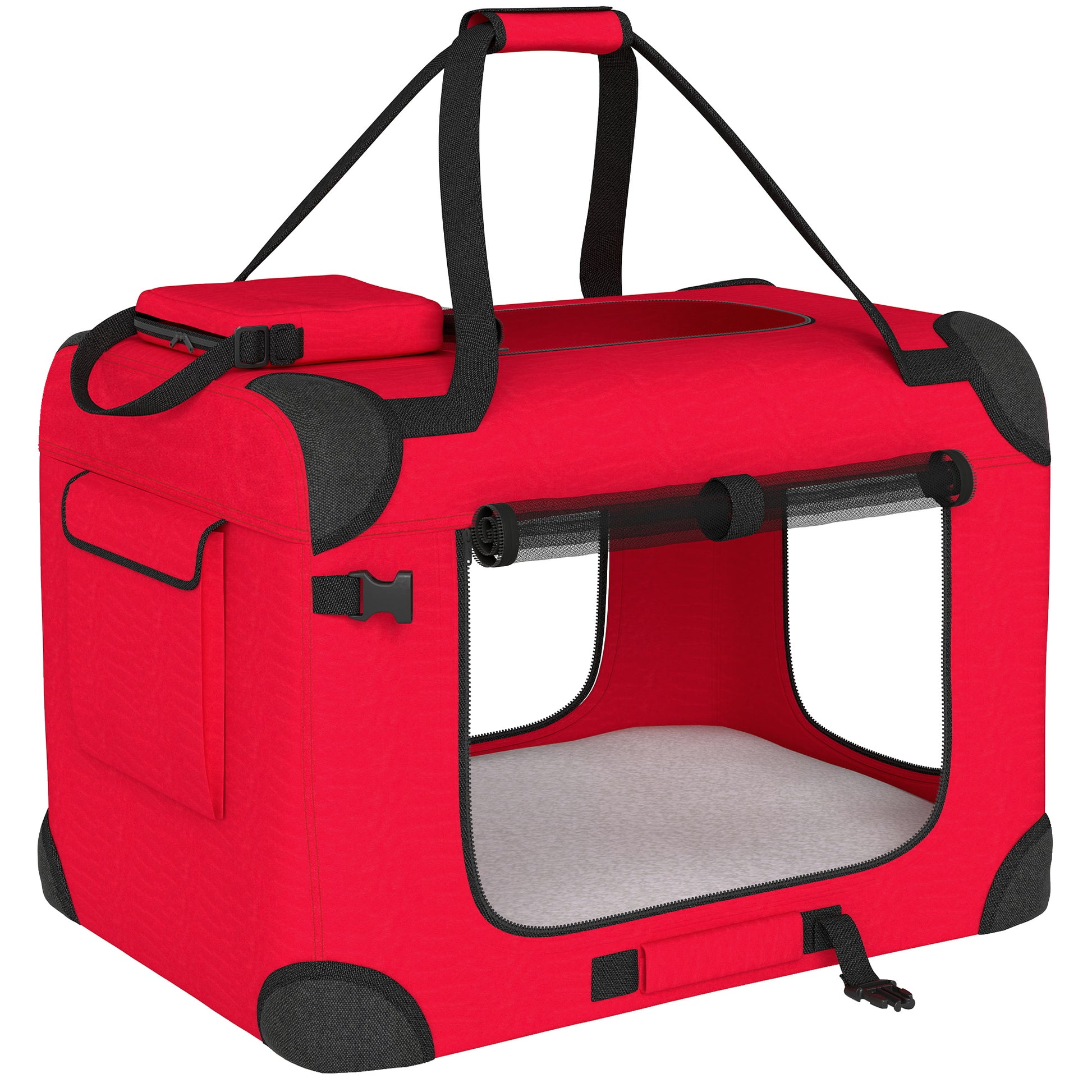 Pawhut Transportín Perro Gato Plegable 60x41,5x41 Cm Con Puertas Cojín Rojo_0