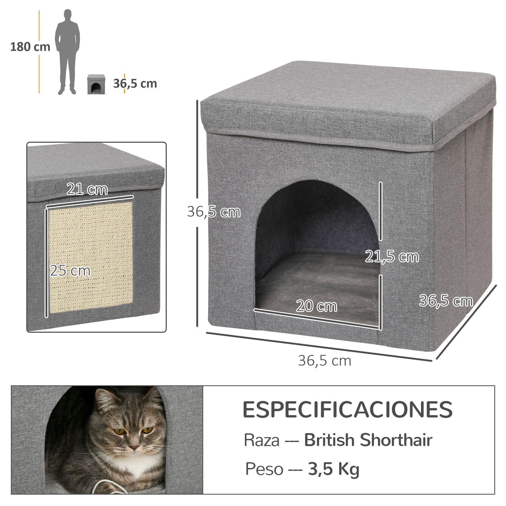 Pawhut Casa Para Gatos Con Tablero De Rascar Y Puerta 36,5x36,5x36,5 Cm Gris_2