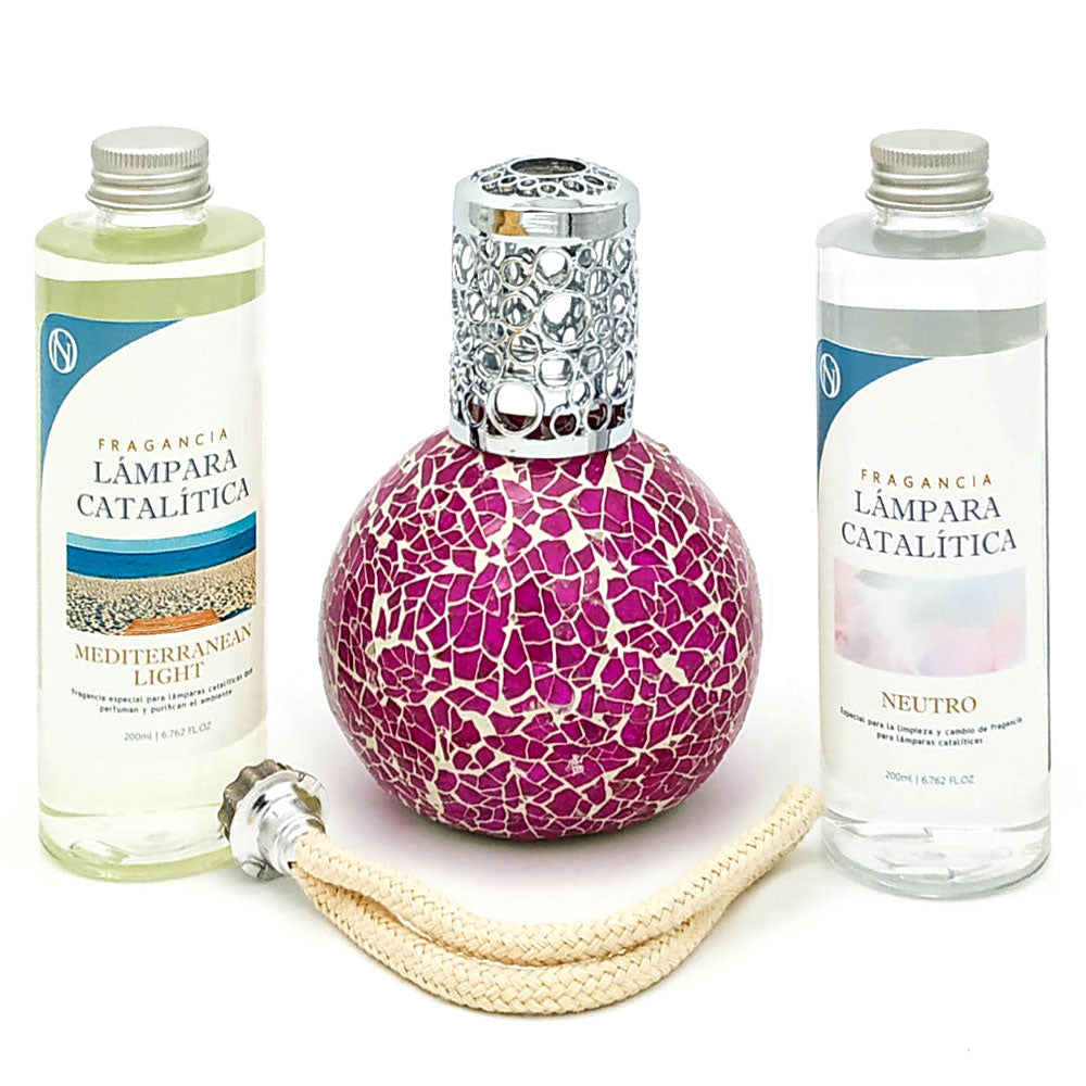Pack Lámpara Catalítica Mosaico Fucsia + Fragancia Mediterranean Light 200ml + Limpiador Neutro 200ml + Mecha Repuesto_0