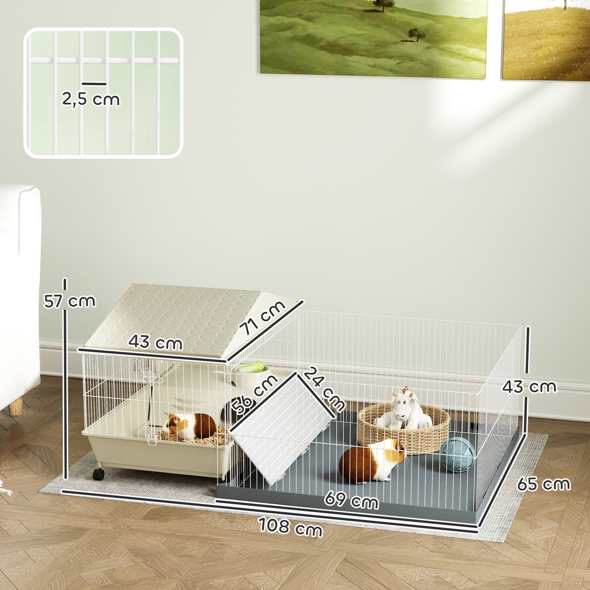 Pawhut Jaula Para Animales Pequeños Con Corral Desmontable 108x71x57 Cm Beige_2