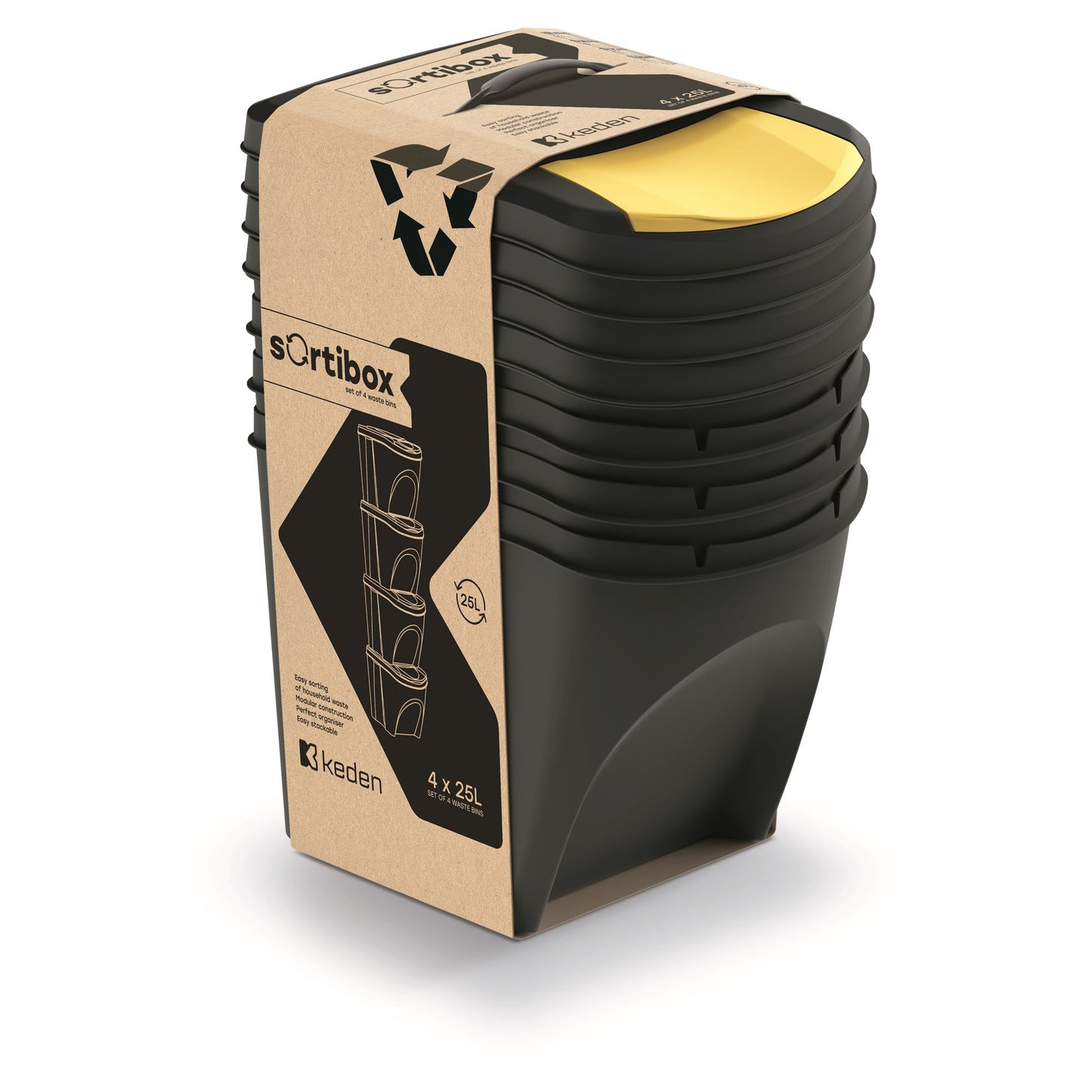 Set De 4 Cubos De Basura Keden Sortibox 100% Plástico Reciclado Negro, Volumen 4x25l_1