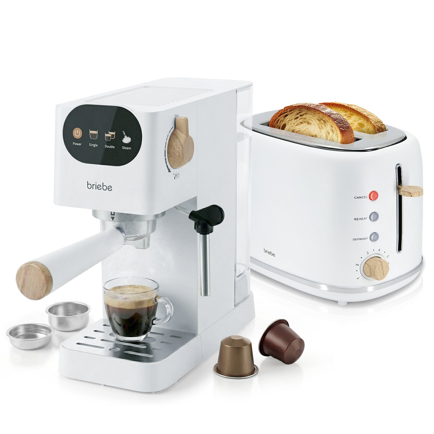 Briebe Nordic Set Cafetera 20 Bares Cápsulas,café Molido Espumador Leche Tostadora 2 Rebanadas Anchas,skt1221wht,blanco_0