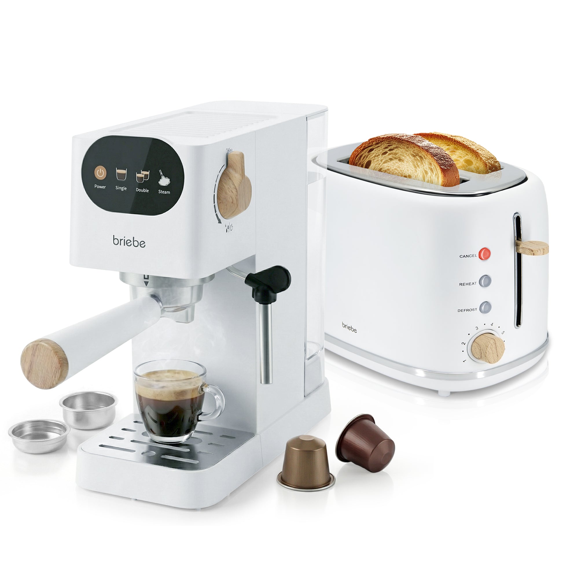 Briebe Nordic Set Cafetera 20 Bares Cápsulas,café Molido Espumador Leche Tostadora 2 Rebanadas Anchas,skt1221wht,blanco_0