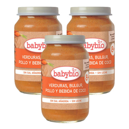 Pack 3 unidades trocitos de verduras, bulgur, pollo y bebida de coco Babybio 200 g