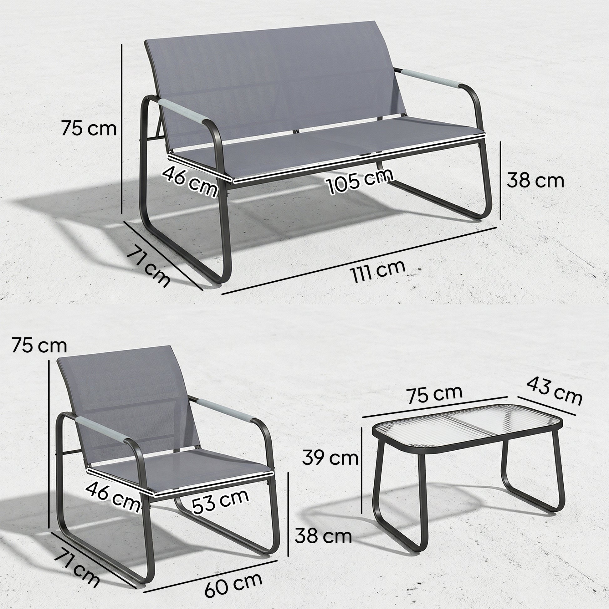 Outsunny Conjunto De Jardín Exterior Con 1 Sofá 2 Sillones Y Mesa Gris_2